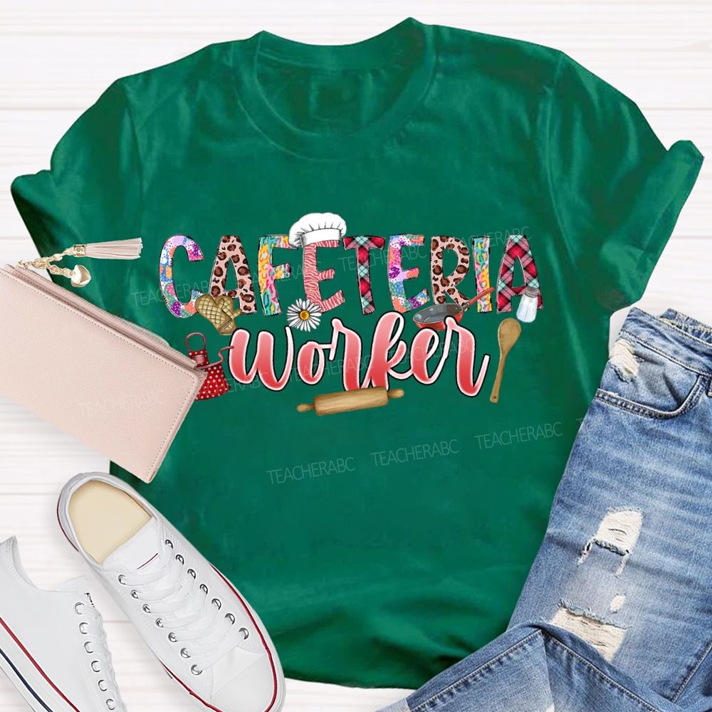 Cafeteria Worker Leopard Print Font And Kitchenware T-shirt