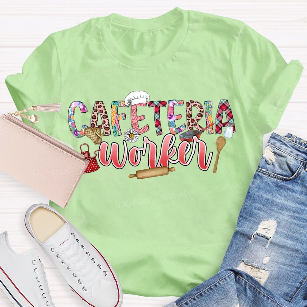 Cafeteria Worker Leopard Print Font And Kitchenware T-shirt