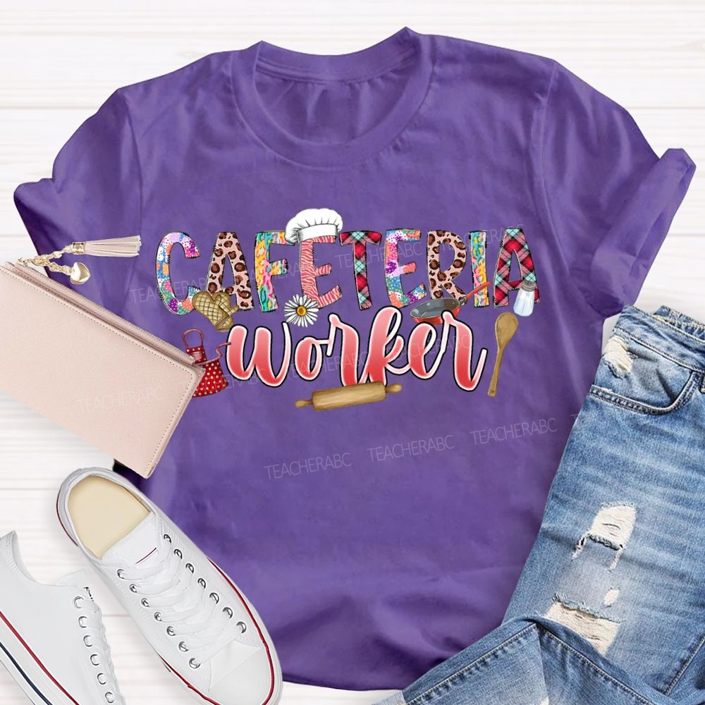 Cafeteria Worker Leopard Print Font And Kitchenware T-shirt