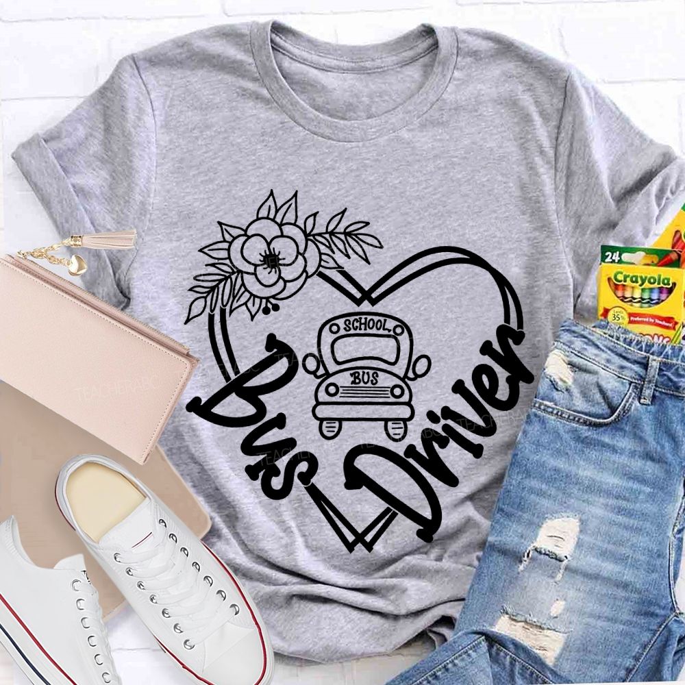School Bus Driver Flower Heart And School Bus T-shirt