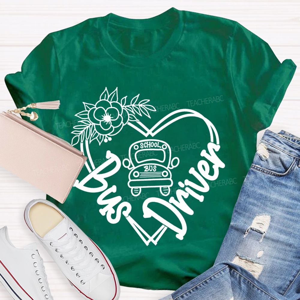 School Bus Driver Flower Heart And School Bus T-shirt