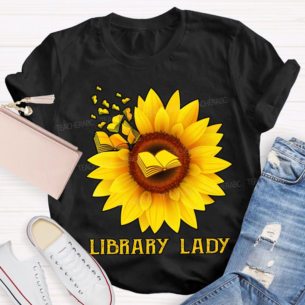 Library Lady Sunflower Print On Books T-shirt
