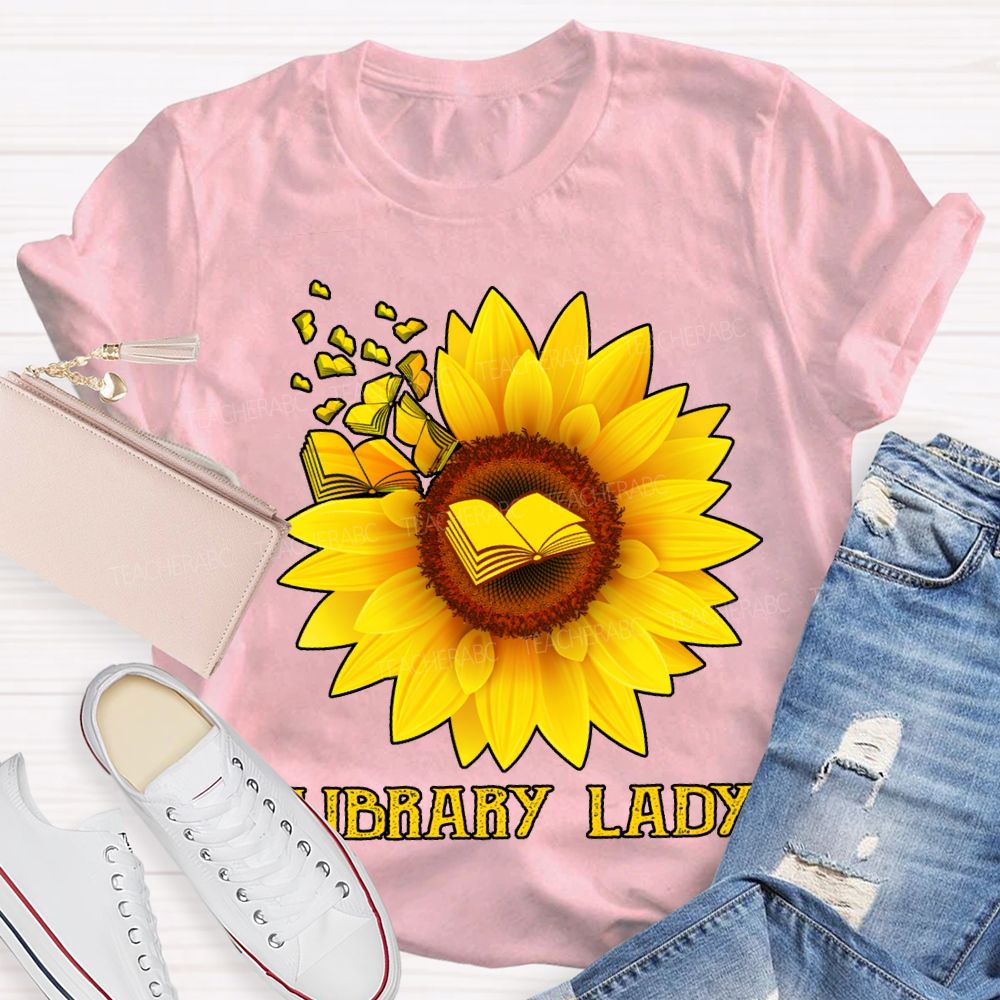 Library Lady Sunflower Print On Books T-shirt