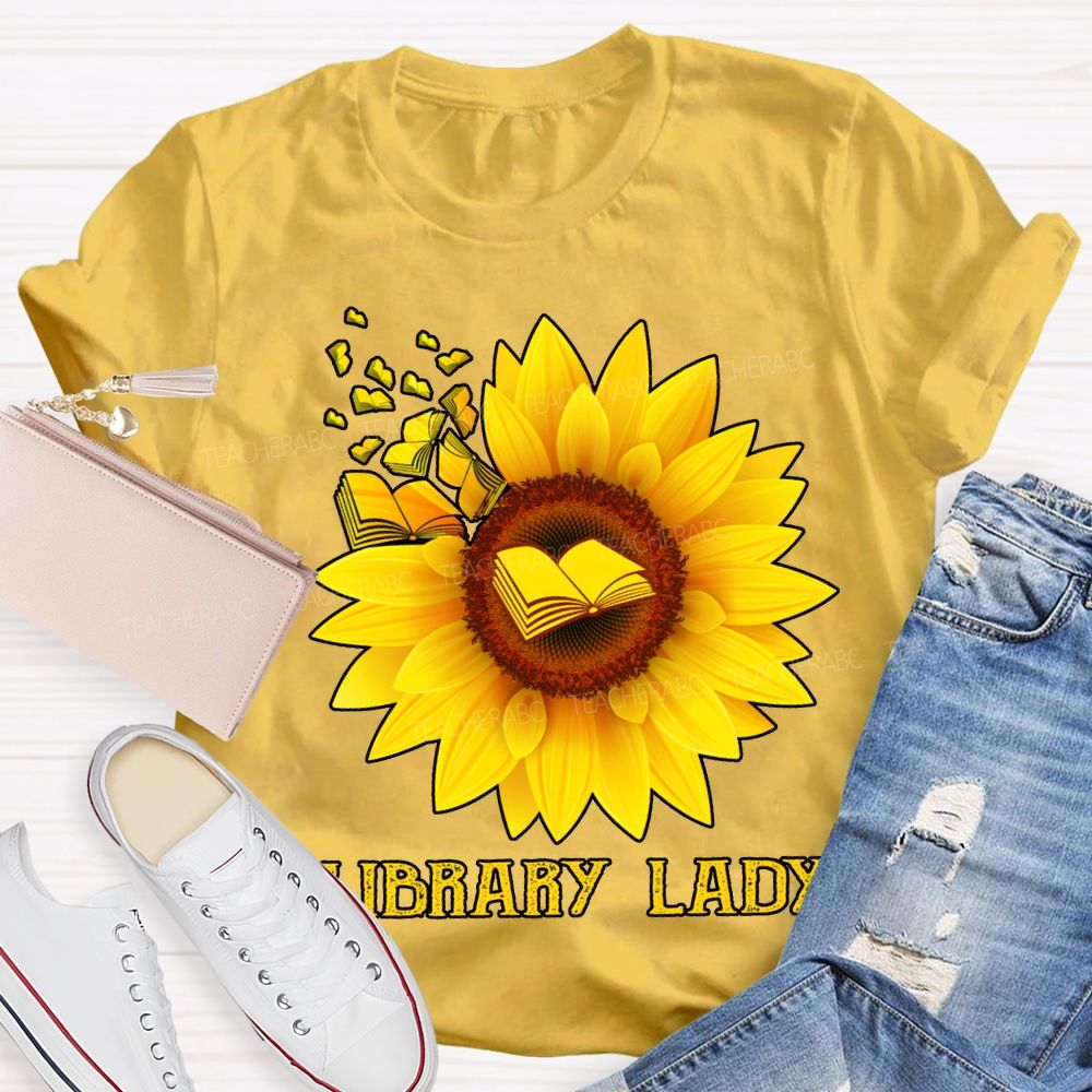 Library Lady Sunflower Print On Books T-shirt