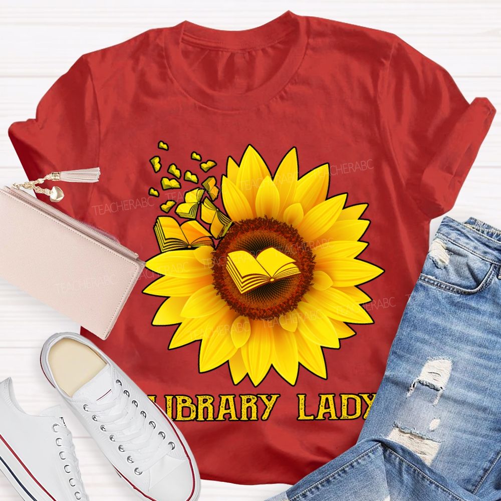Library Lady Sunflower Print On Books T-shirt