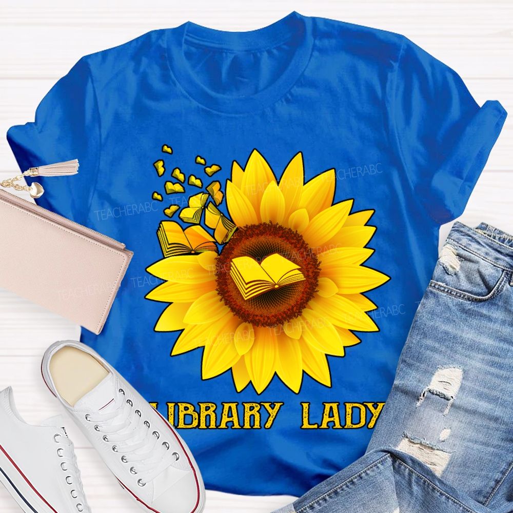 Library Lady Sunflower Print On Books T-shirt