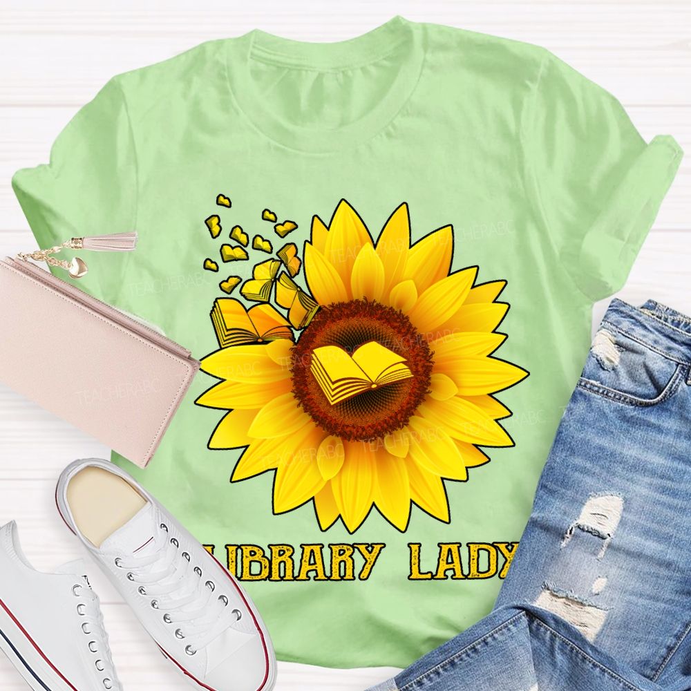 Library Lady Sunflower Print On Books T-shirt