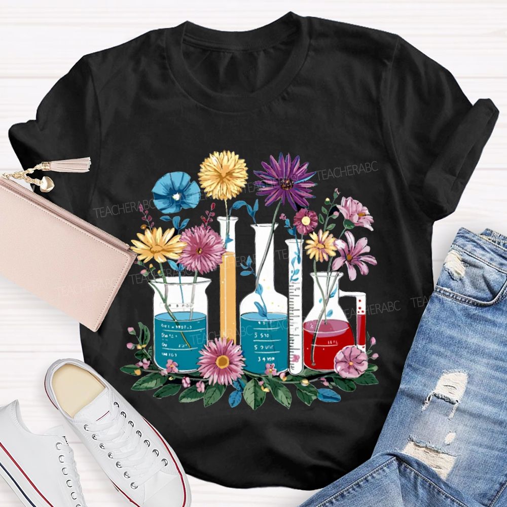 Colorful Flowers And Experimental Bottles Science Teacher T-shirt
