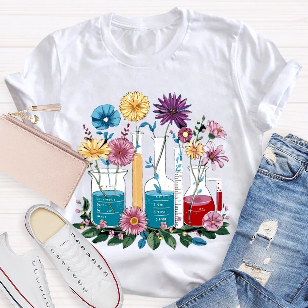 Colorful Flowers And Experimental Bottles Science Teacher T-shirt