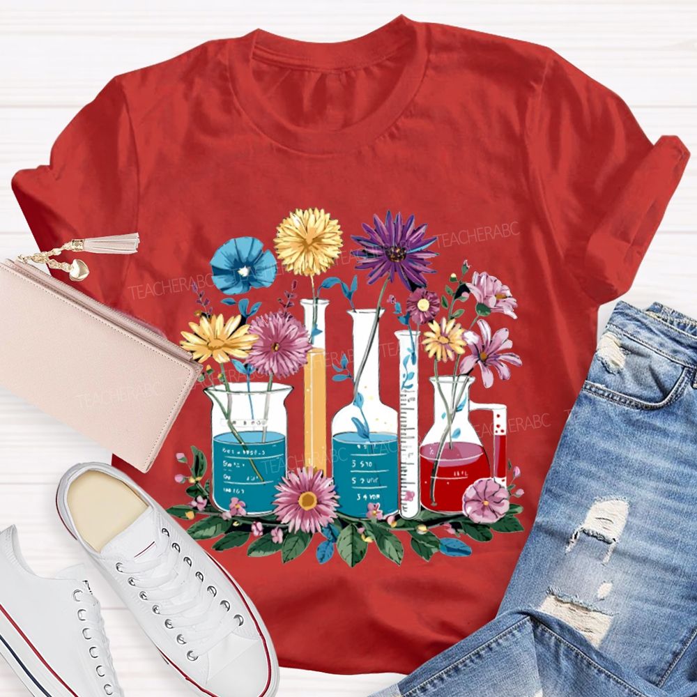 Colorful Flowers And Experimental Bottles Science Teacher T-shirt
