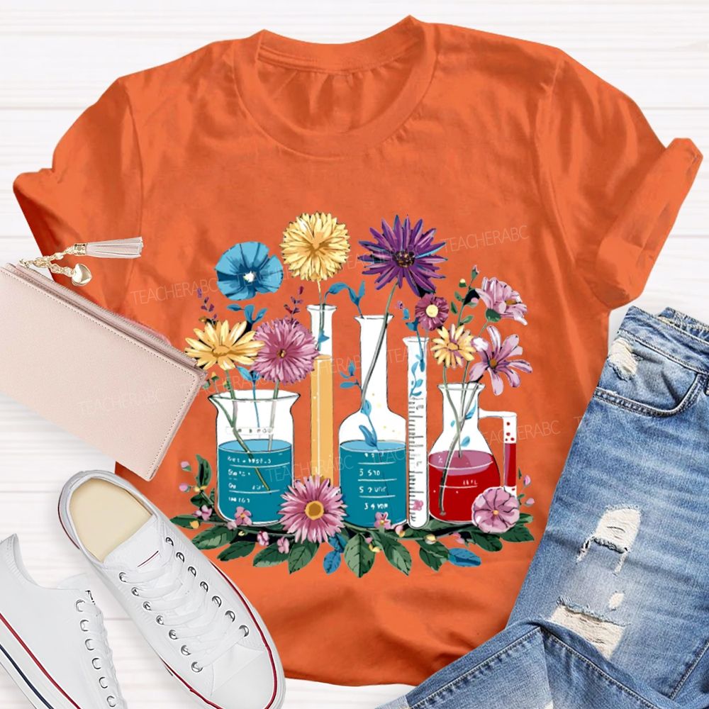 Colorful Flowers And Experimental Bottles Science Teacher T-shirt