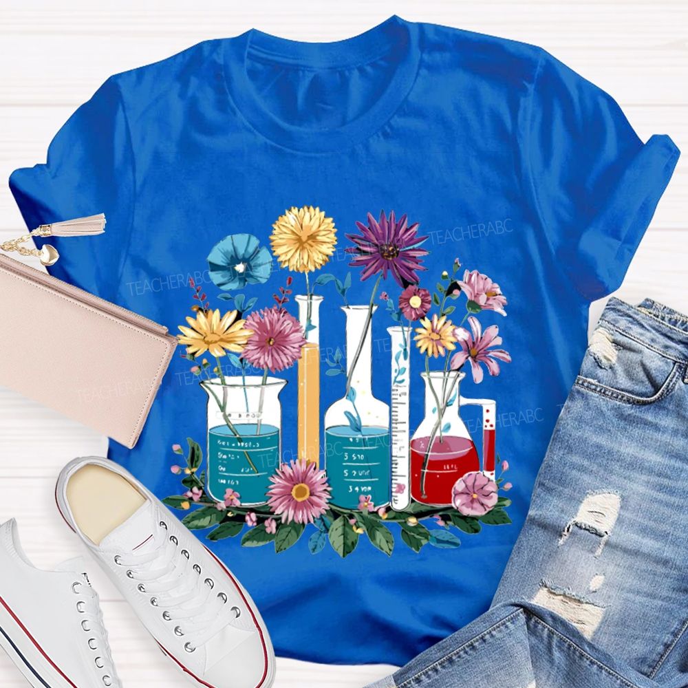 Colorful Flowers And Experimental Bottles Science Teacher T-shirt