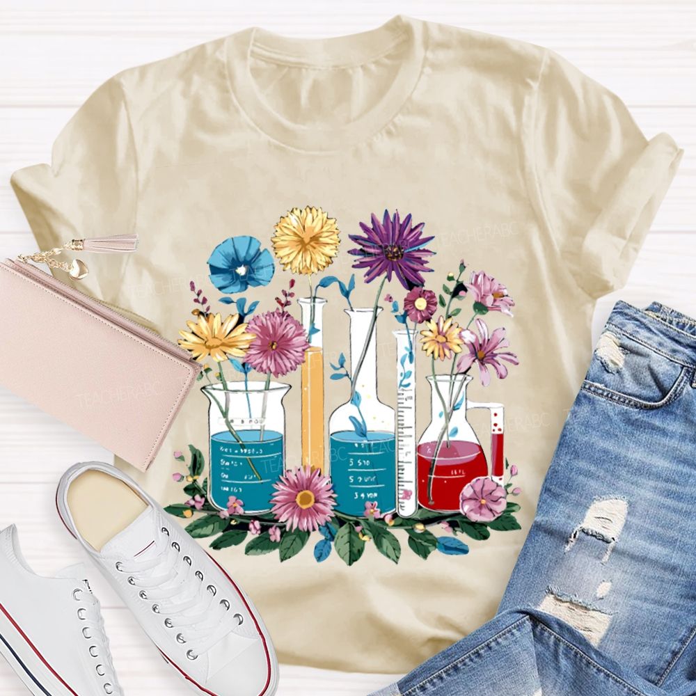 Colorful Flowers And Experimental Bottles Science Teacher T-shirt