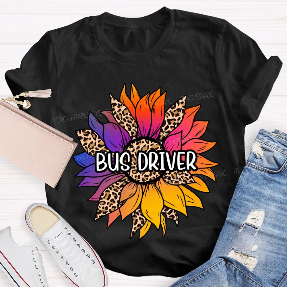 Bus Driver Colorful Leopard Print Sunflower Print T-shirt