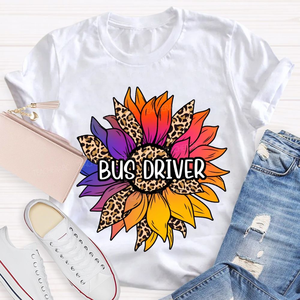 Bus Driver Colorful Leopard Print Sunflower Print T-shirt