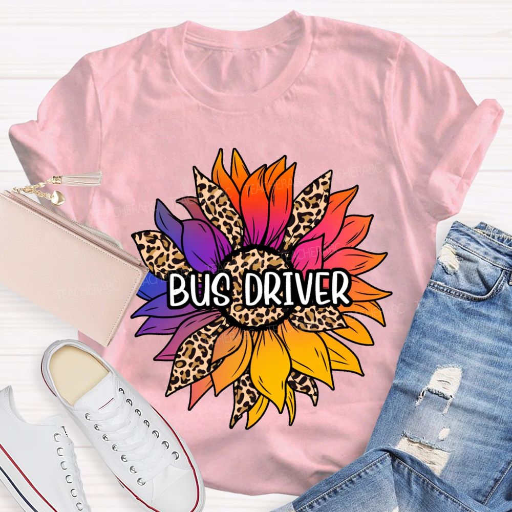 Bus Driver Colorful Leopard Print Sunflower Print T-shirt