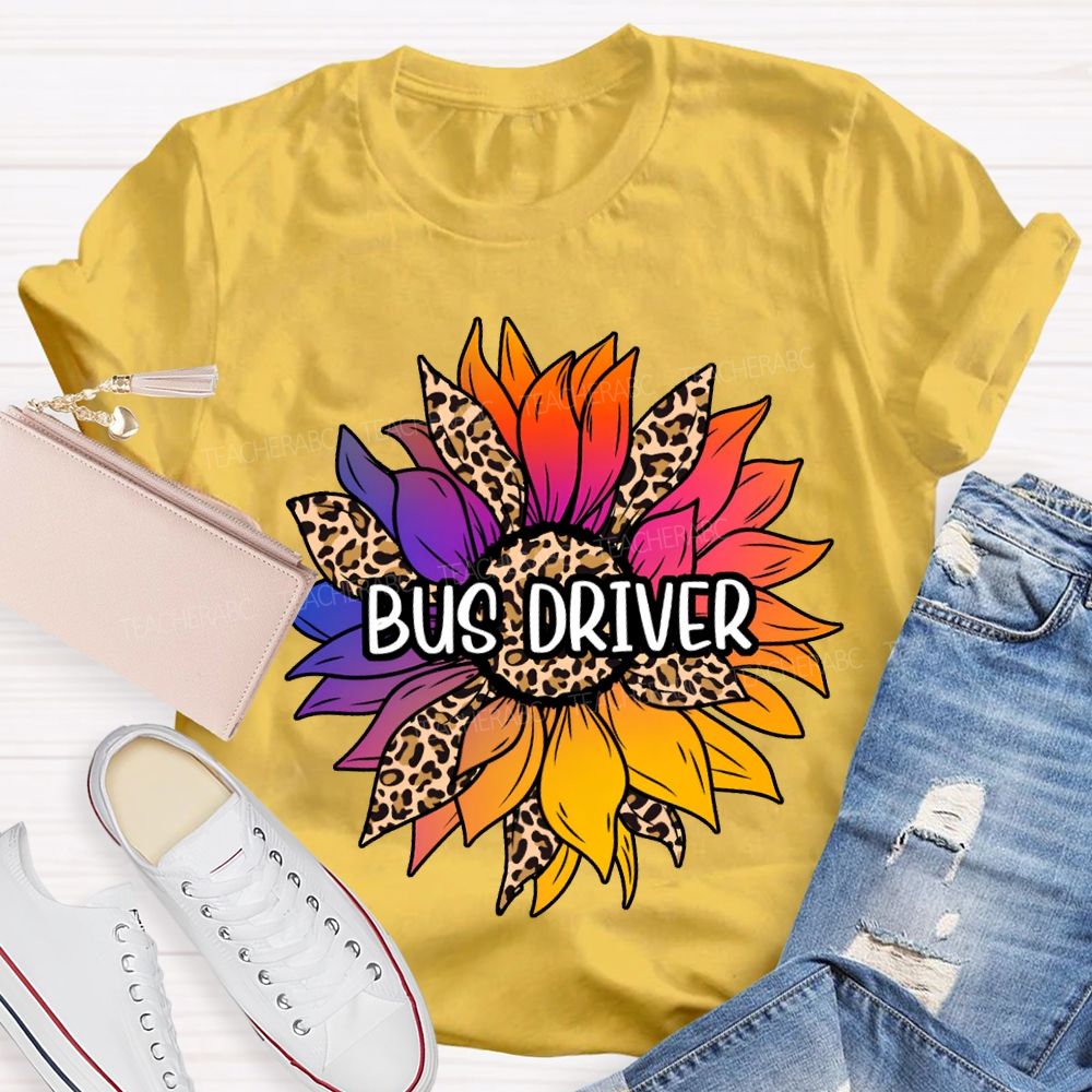 Bus Driver Colorful Leopard Print Sunflower Print T-shirt