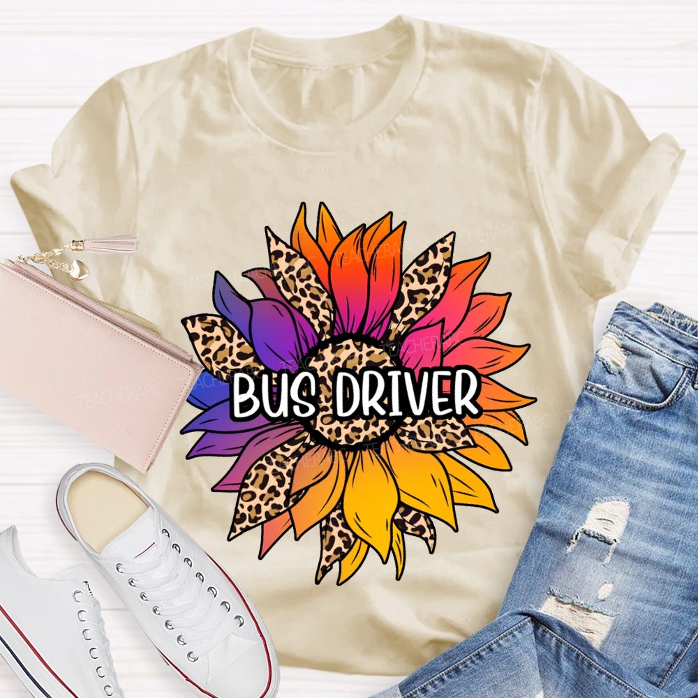 Bus Driver Colorful Leopard Print Sunflower Print T-shirt