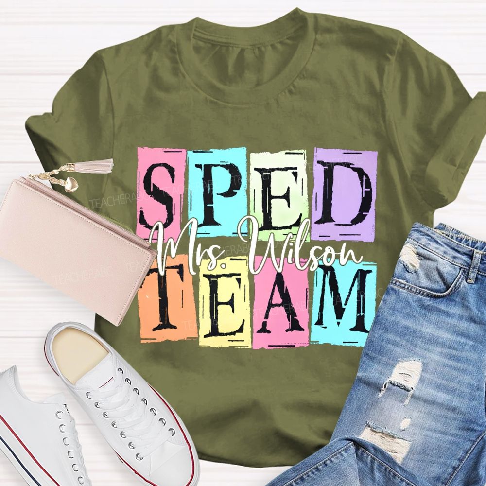Personalized Name Sped Team Color Patchwork Print T-shirt