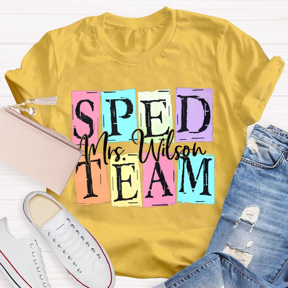 Personalized Name Sped Team Color Patchwork Print T-shirt