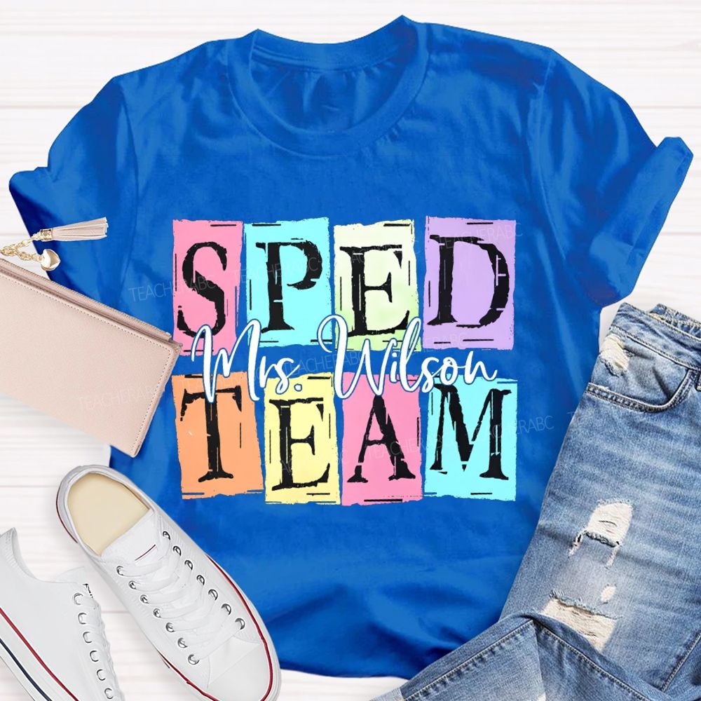 Personalized Name Sped Team Color Patchwork Print T-shirt