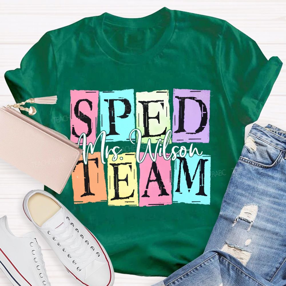 Personalized Name Sped Team Color Patchwork Print T-shirt