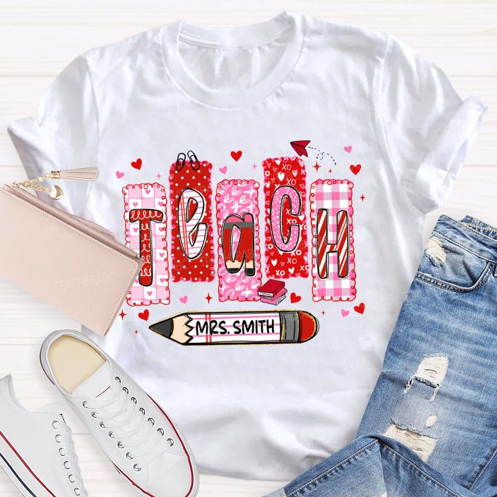 Personalized Name Teach Pink Heart Lettering Print T-shirt