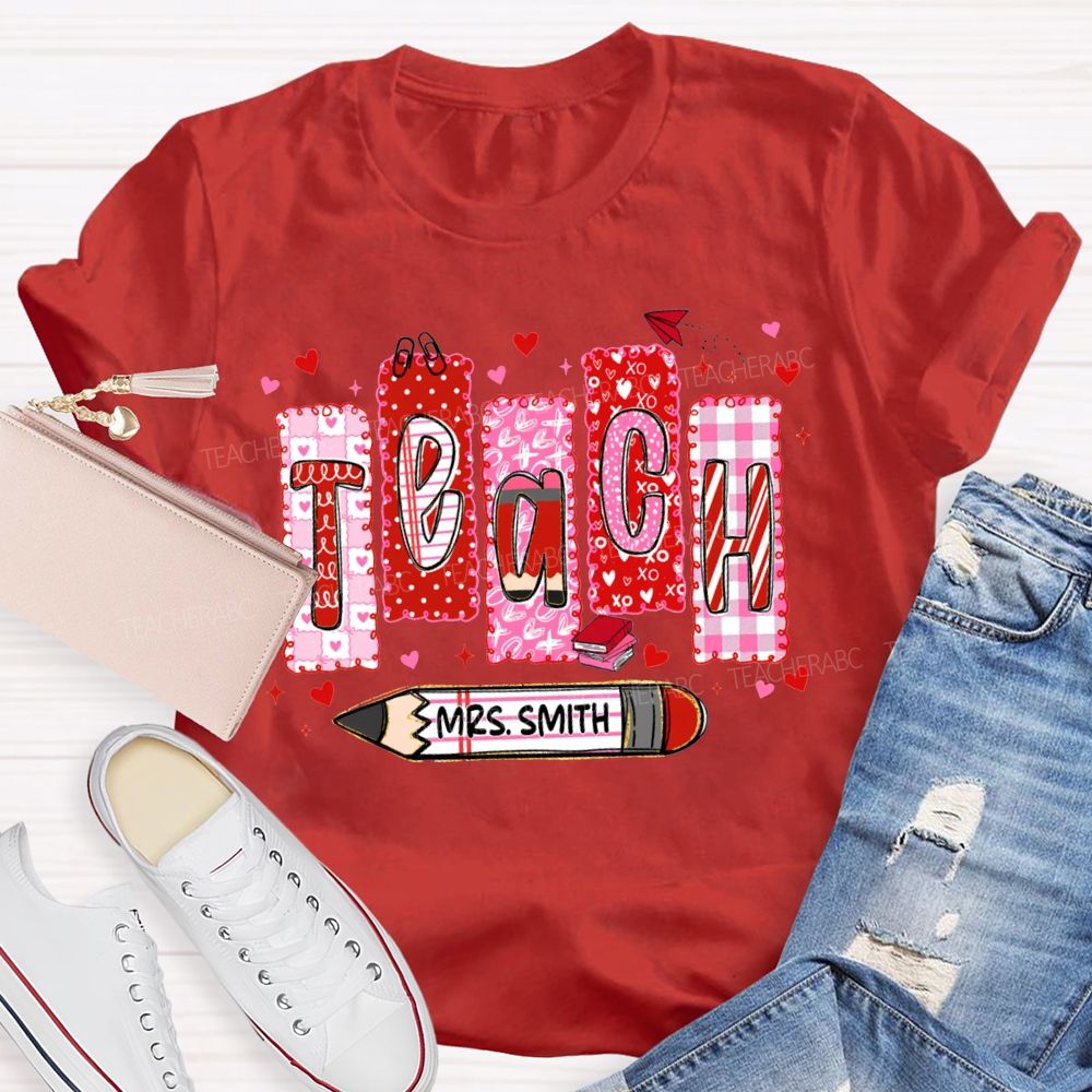 Personalized Name Teach Pink Heart Lettering Print T-shirt