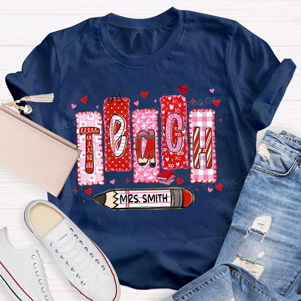 Personalized Name Teach Pink Heart Lettering Print T-shirt