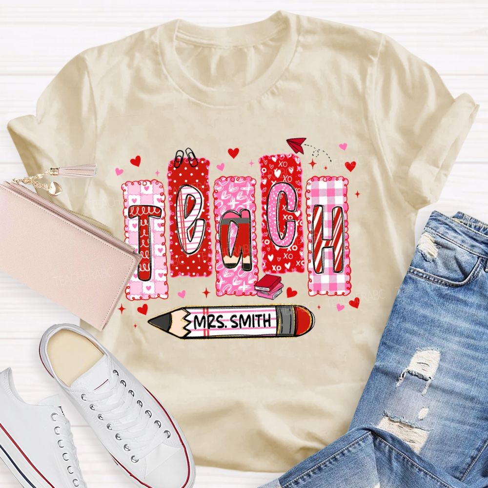 Personalized Name Teach Pink Heart Lettering Print T-shirt