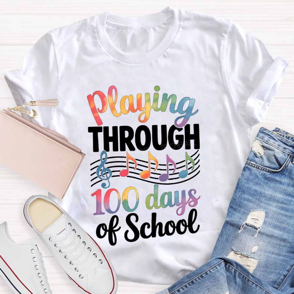 Playing Through 100 Days Of School Color Gradient Font T-shirt