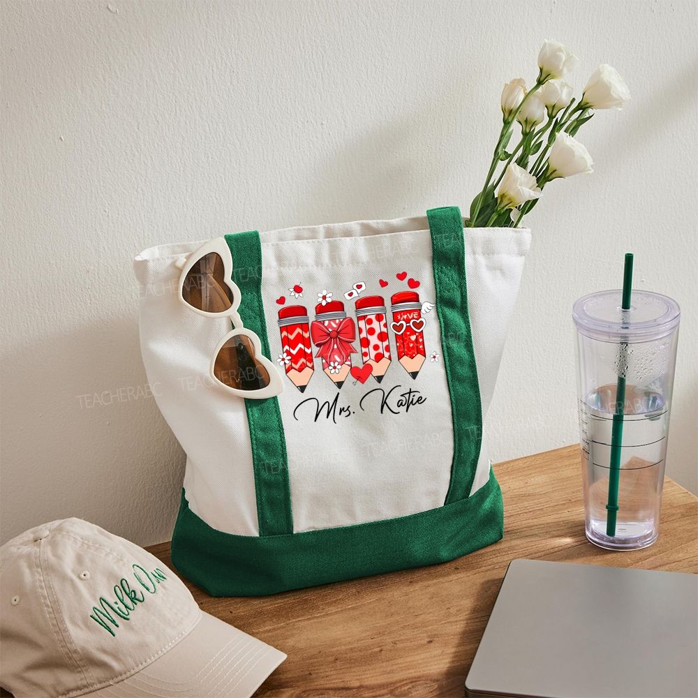 Personalized Name Heart And Bow Pencil Teacher Color-blocked Canvas Bag