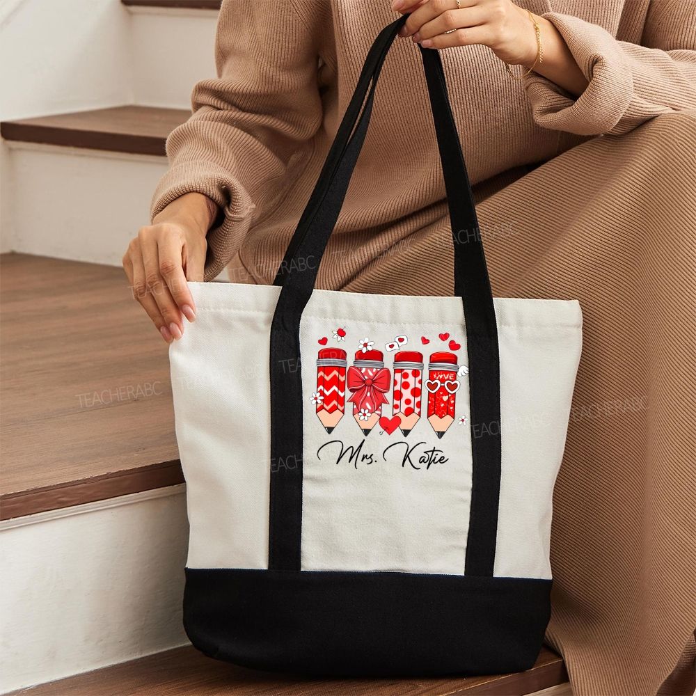 Personalized Name Heart And Bow Pencil Teacher Color-blocked Canvas Bag