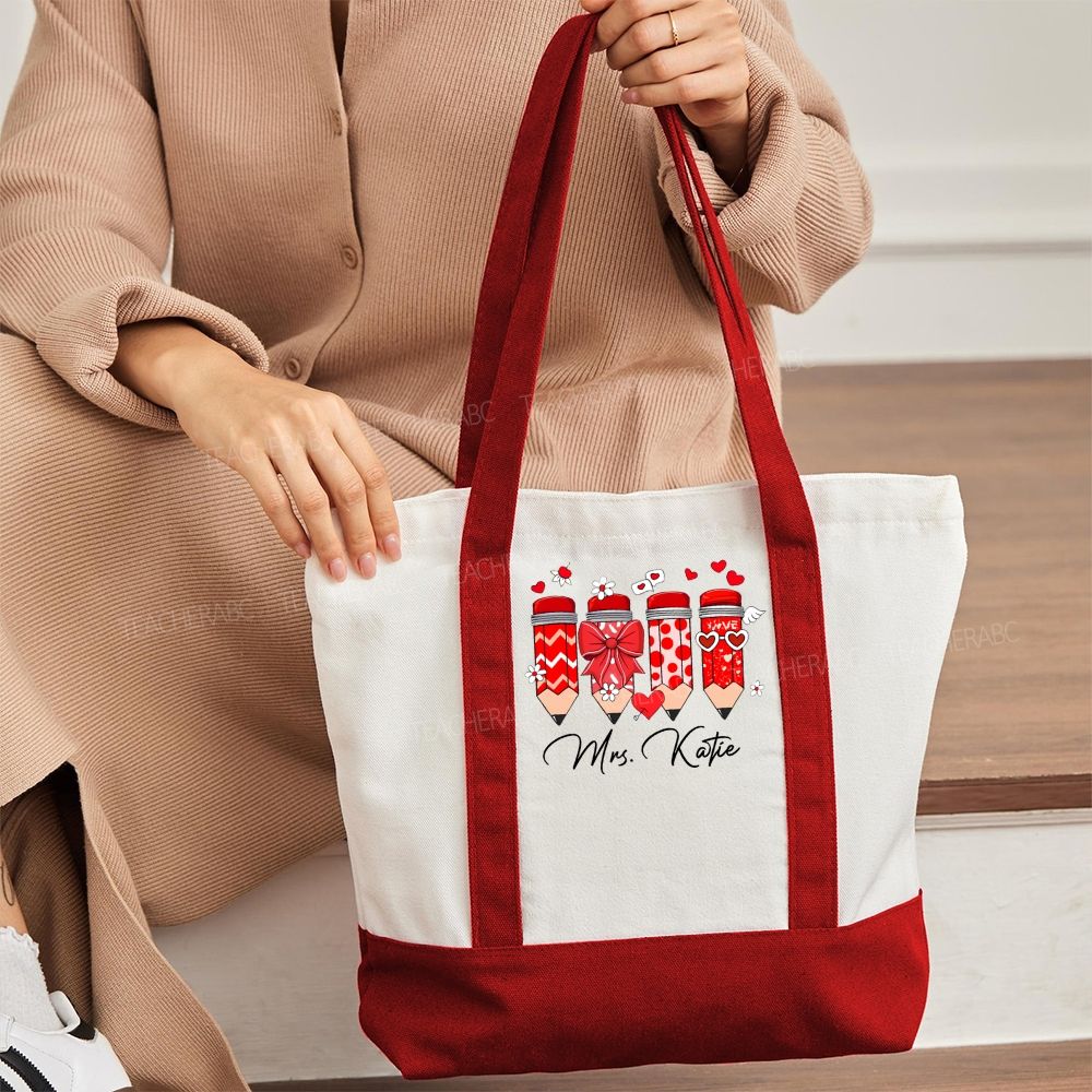 Personalized Name Heart And Bow Pencil Teacher Color-blocked Canvas Bag