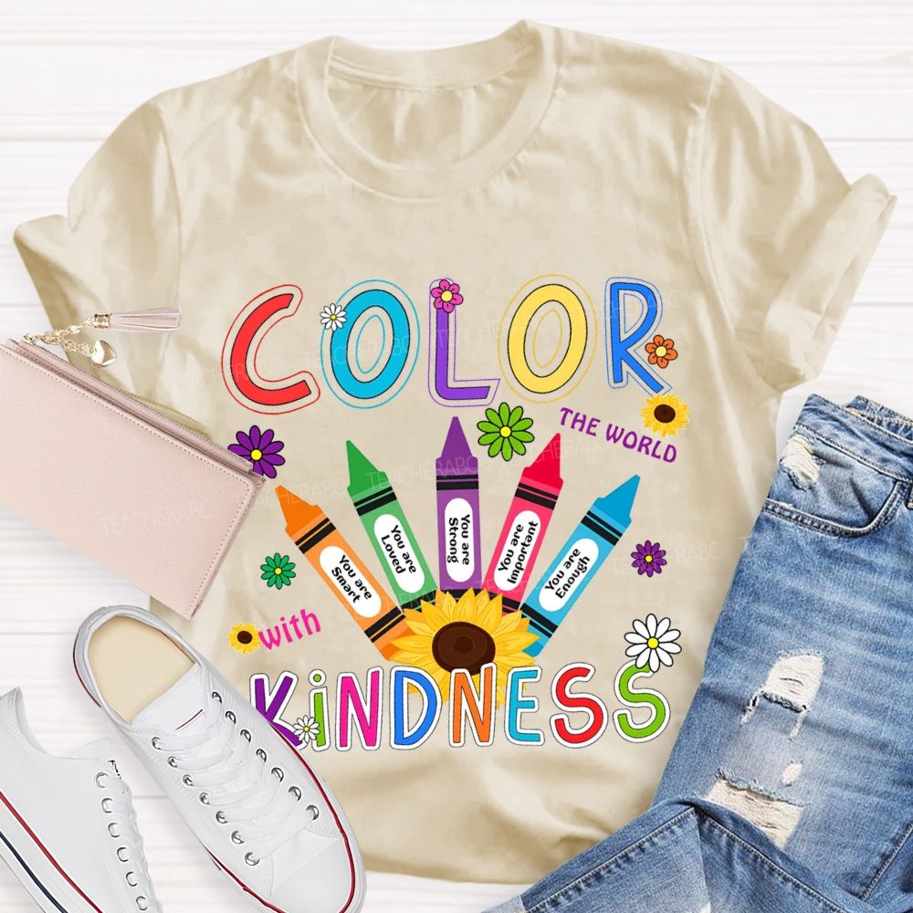 Color The World With Kindness Colorful Crayon Teacher T-shirt