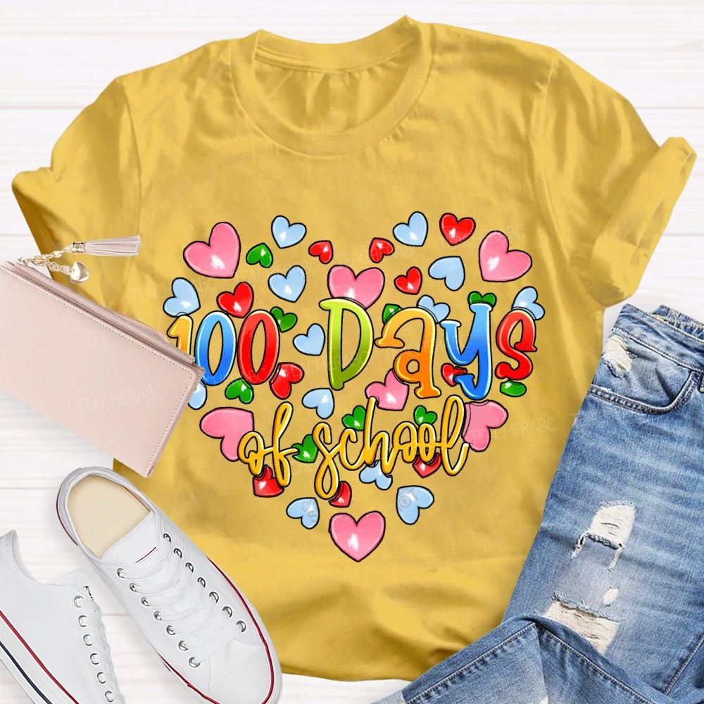 100 Days Of School Colorful Hearts Print T-shirt