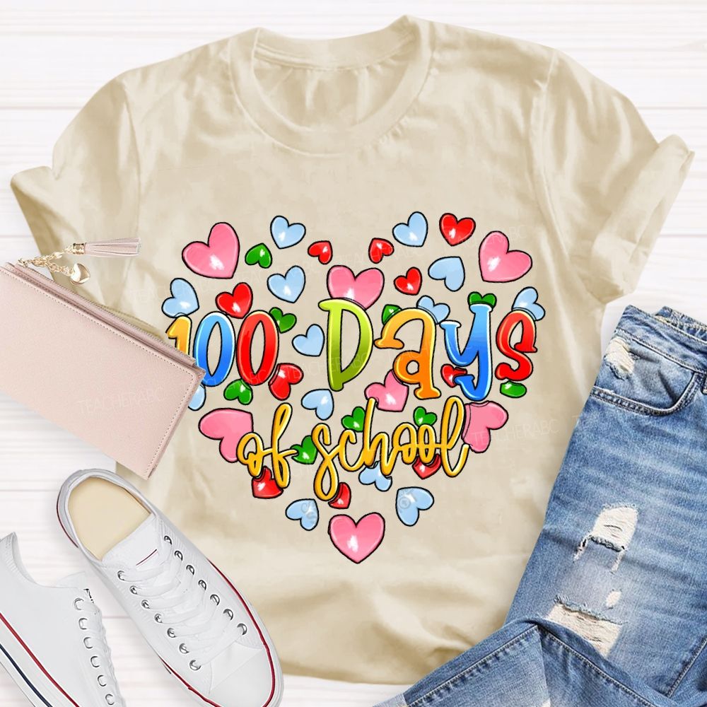 100 Days Of School Colorful Hearts Print T-shirt