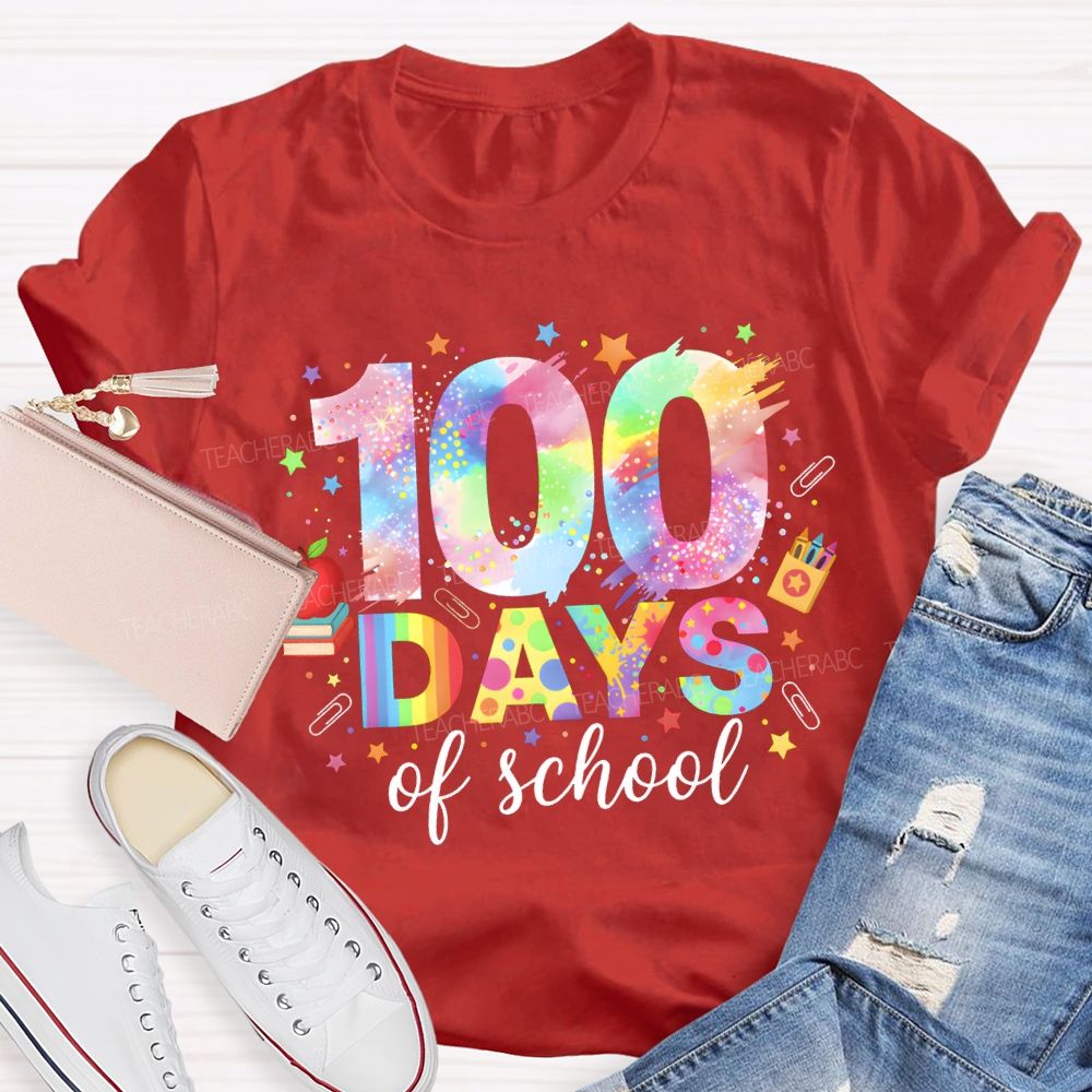 100 Days Of School Colorful Fonts And Star Prints T-shirt