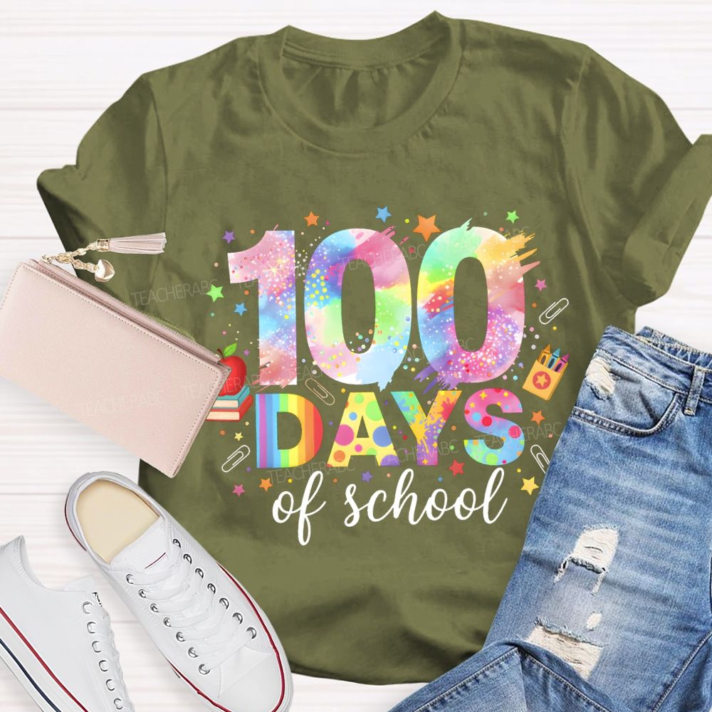 100 Days Of School Colorful Fonts And Star Prints T-shirt