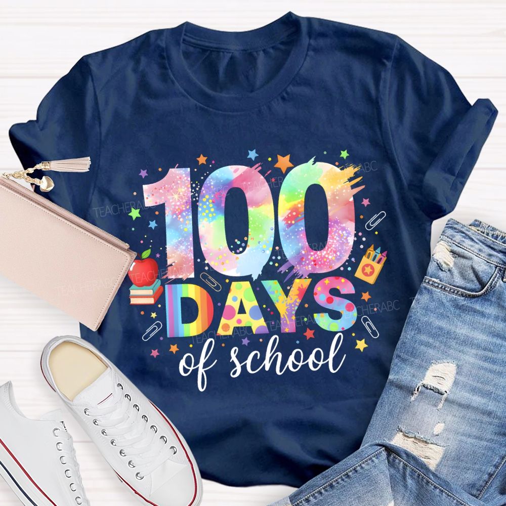 100 Days Of School Colorful Fonts And Star Prints T-shirt