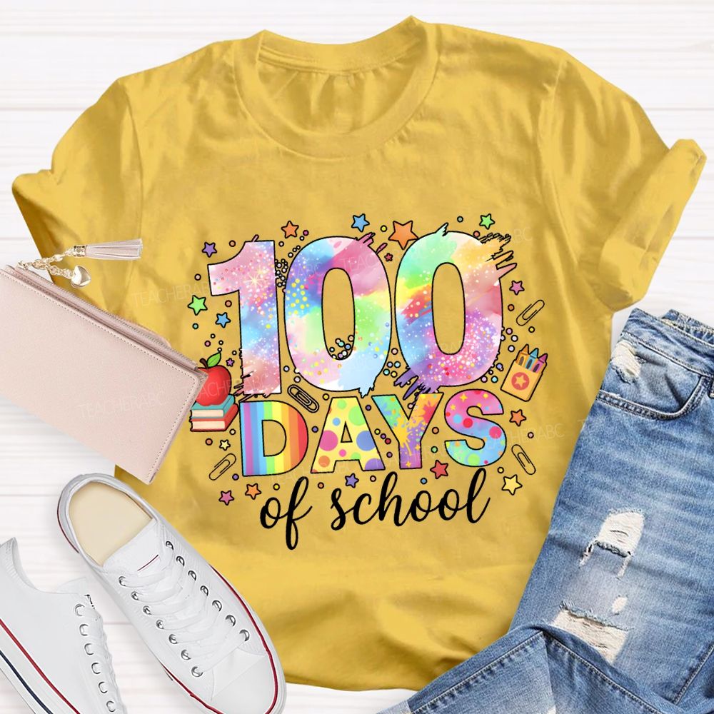 100 Days Of School Colorful Fonts And Star Prints T-shirt