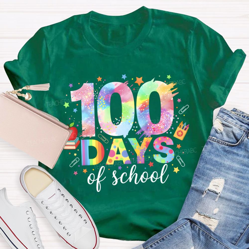 100 Days Of School Colorful Fonts And Star Prints T-shirt
