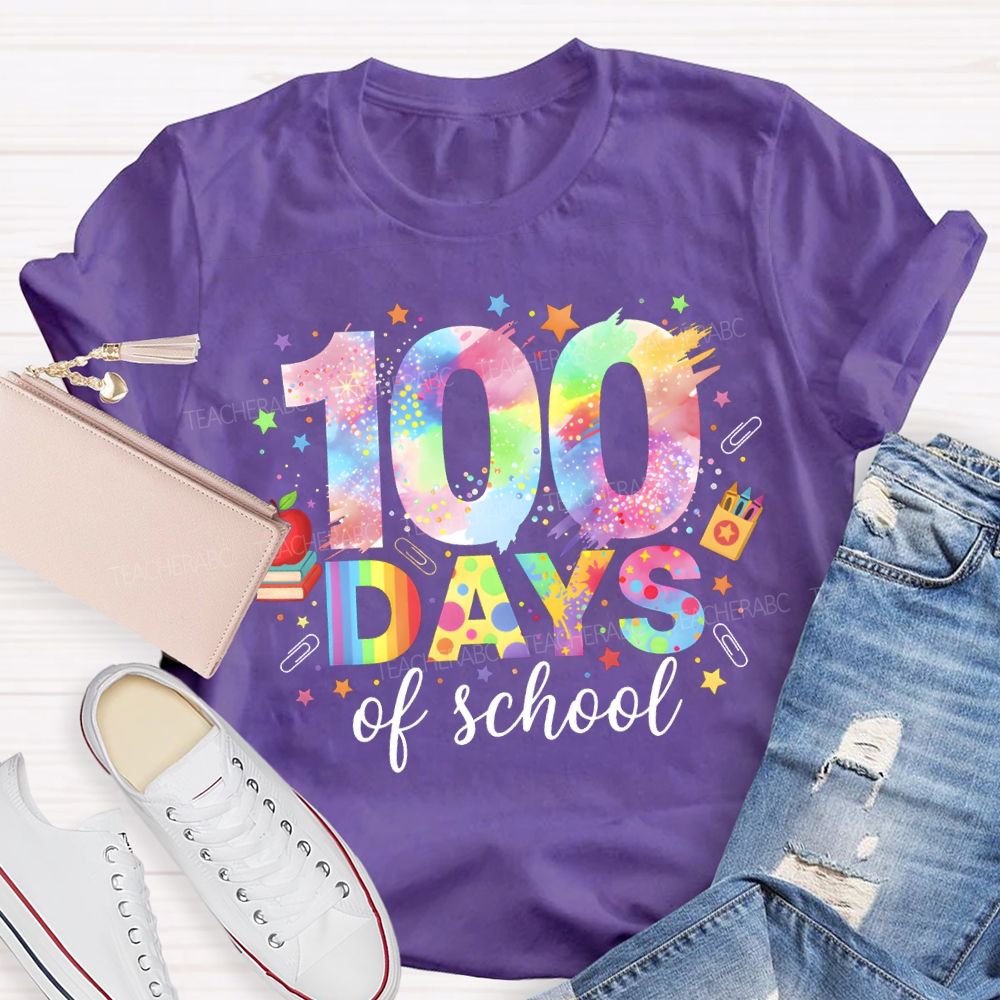 100 Days Of School Colorful Fonts And Star Prints T-shirt