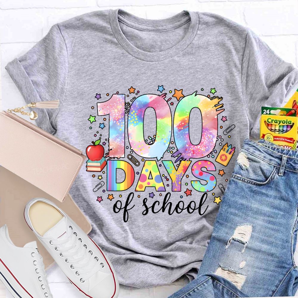 100 Days Of School Colorful Fonts And Star Prints T-shirt