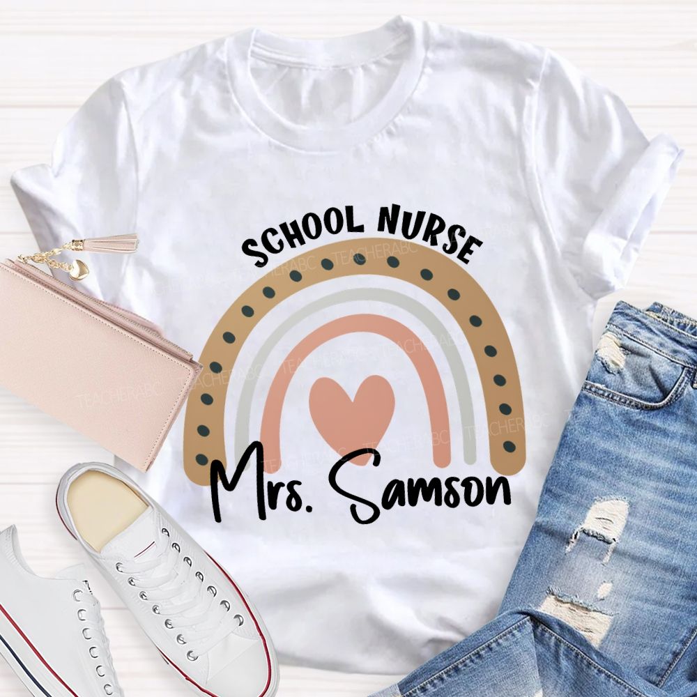 Personalized Name School Nurse Heart Print T-shirt