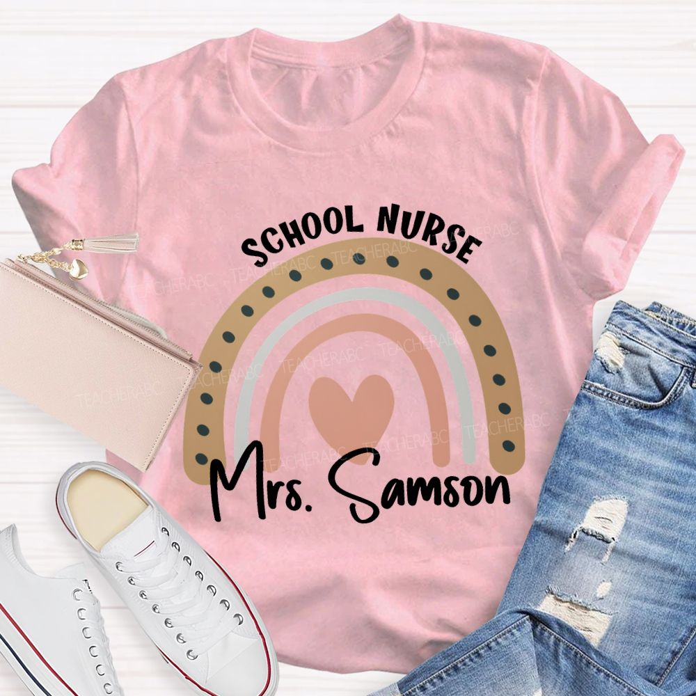 Personalized Name School Nurse Heart Print T-shirt