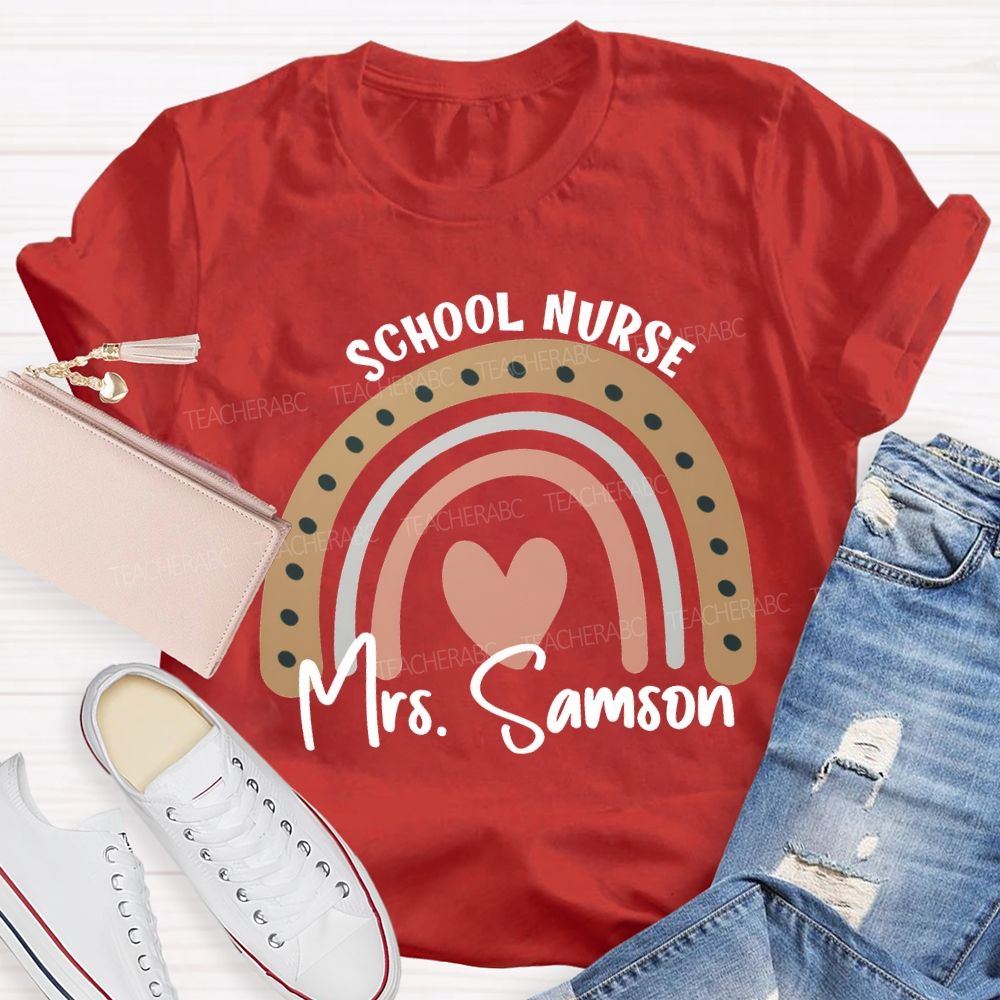 Personalized Name School Nurse Heart Print T-shirt