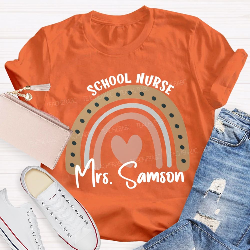 Personalized Name School Nurse Heart Print T-shirt