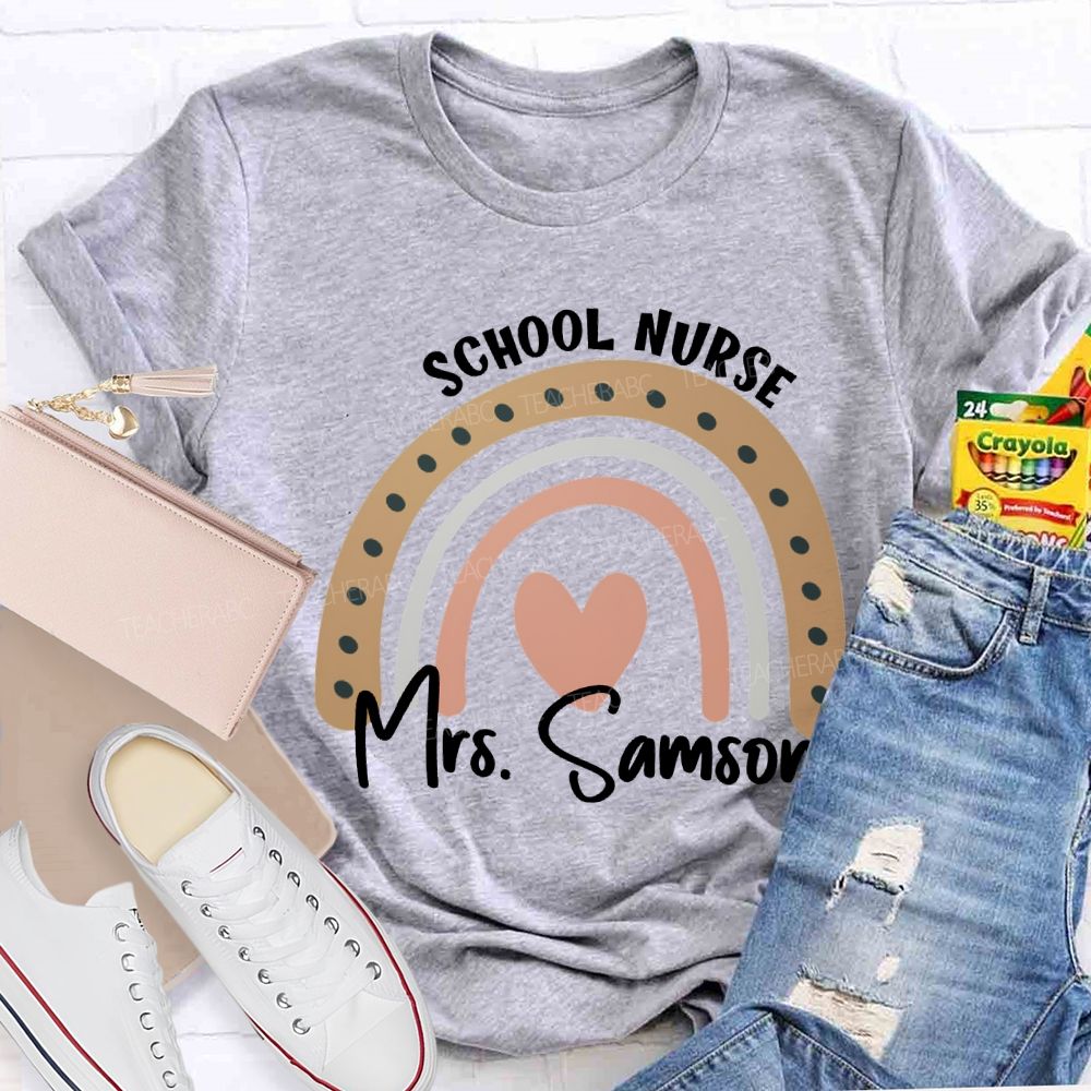 Personalized Name School Nurse Heart Print T-shirt
