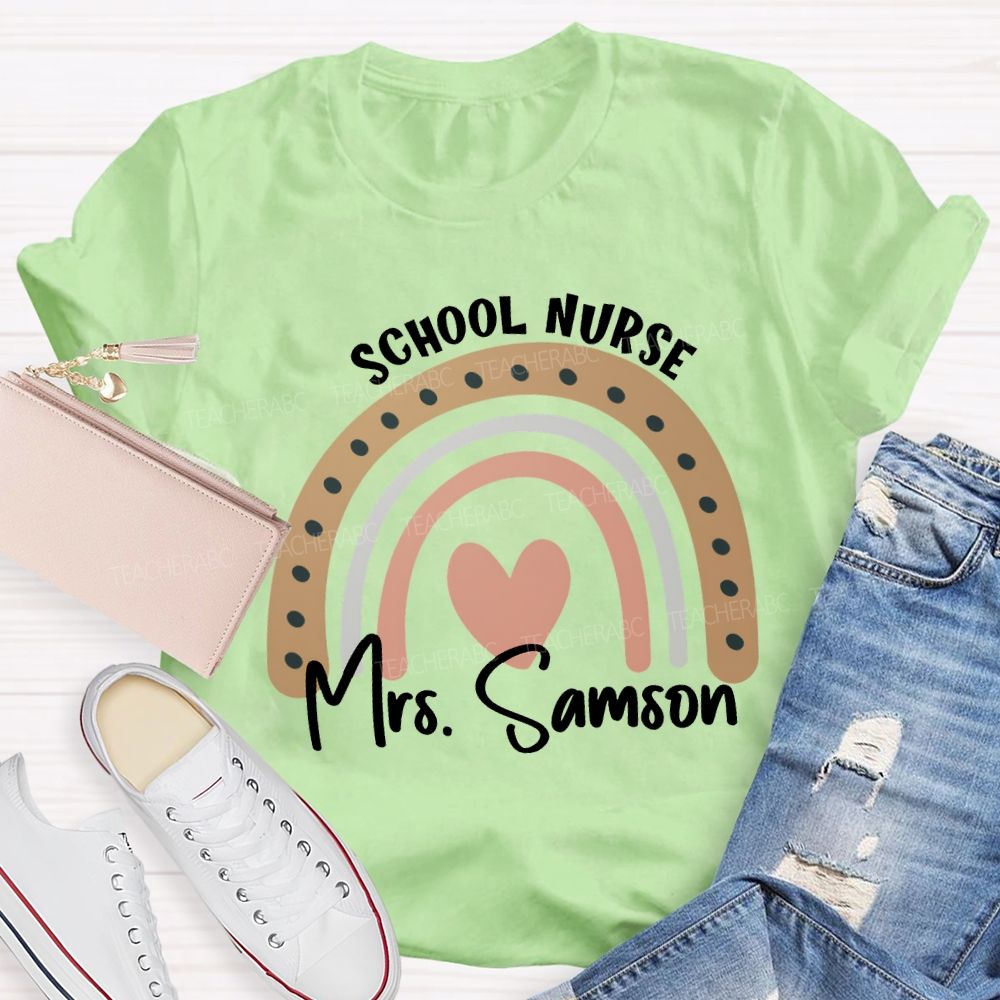 Personalized Name School Nurse Heart Print T-shirt
